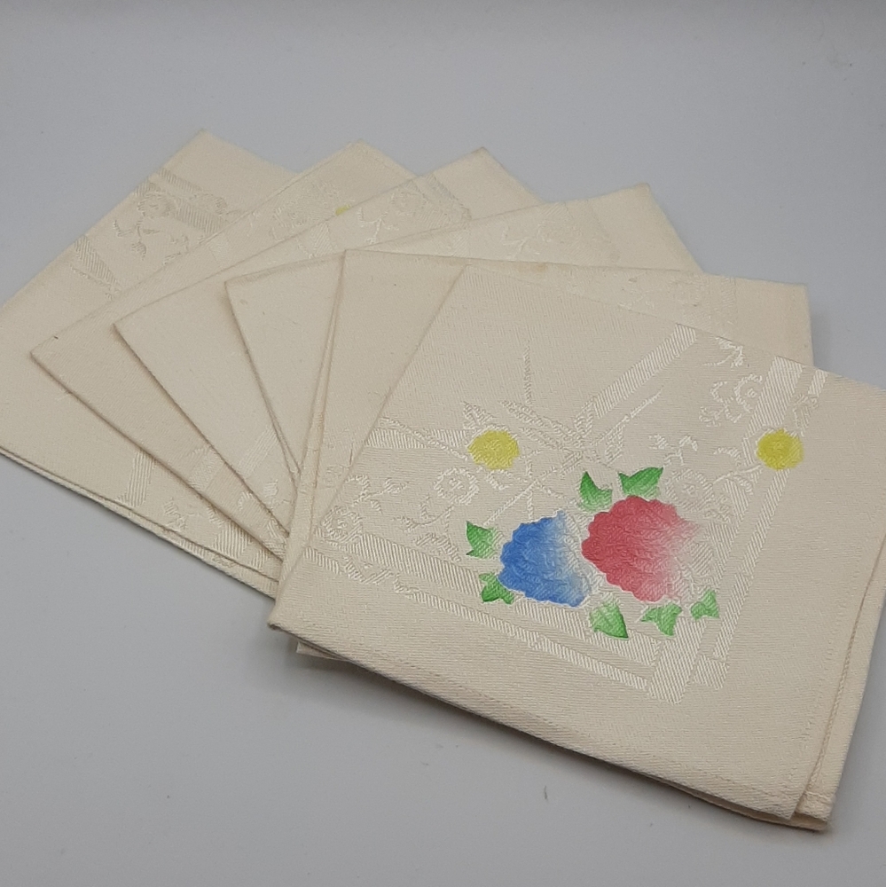 Vintage Cloth Fabric Floral Damask Table Napkins Set of 6 Hemmed Made in Japan